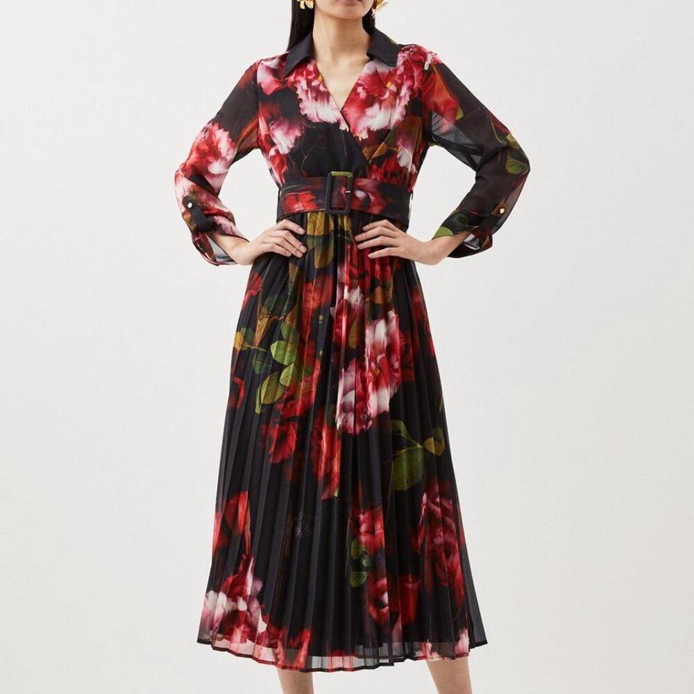 Karen Millen Pleated Georgette Midi Dress (Black, Pink. Green and Red)
